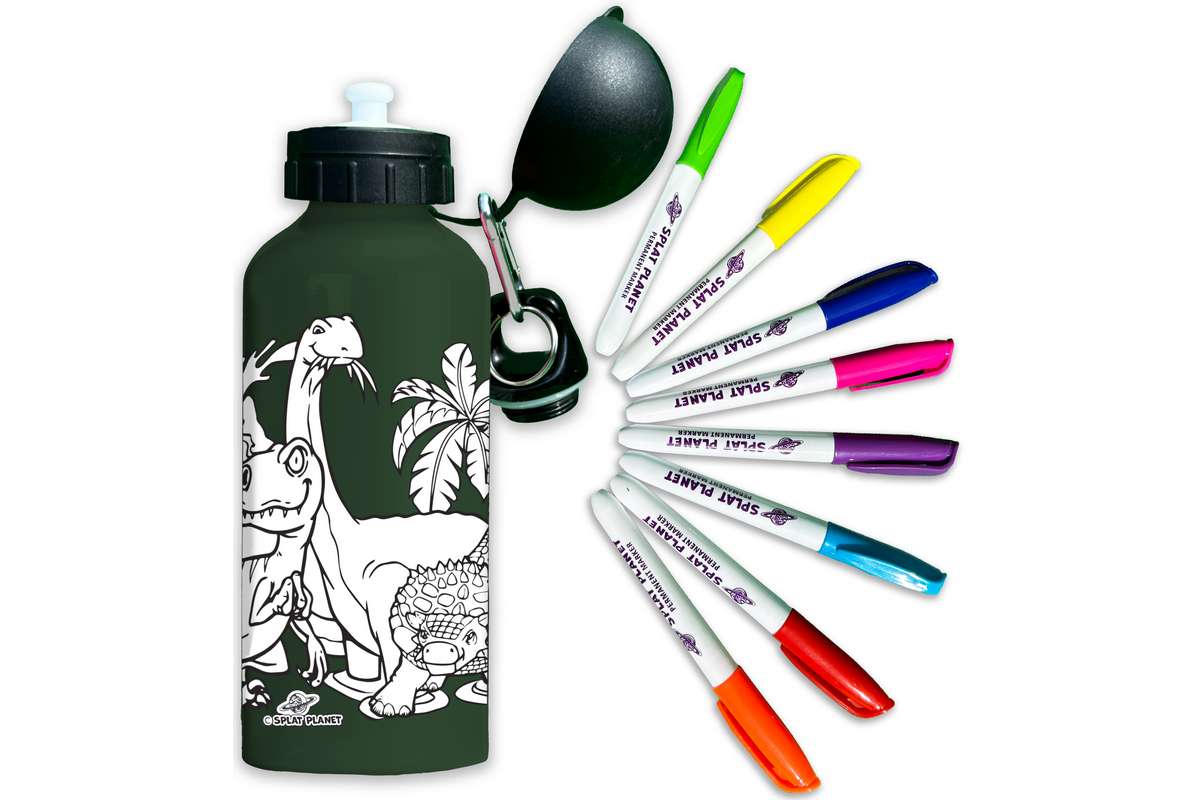 Termoflaske sæt grøn, dinosaurer m/8 tuscher ass.