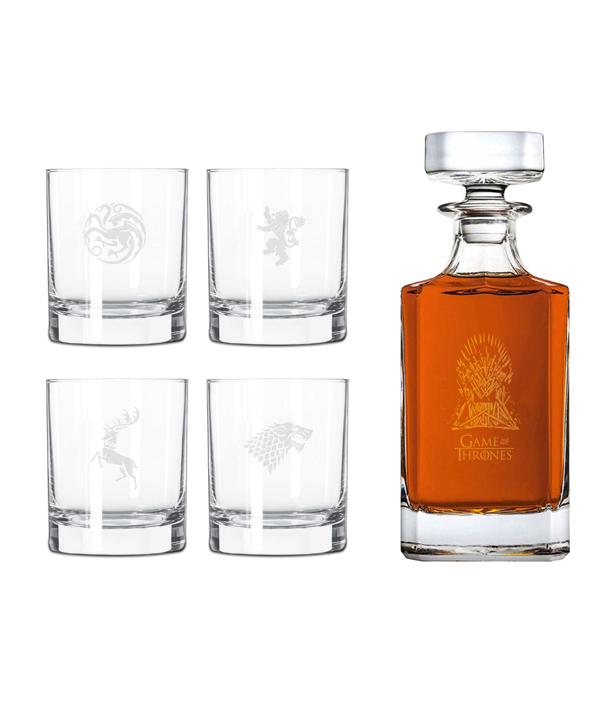 GAME OF THRONES - Set with 4 engraved whiskey glasses
