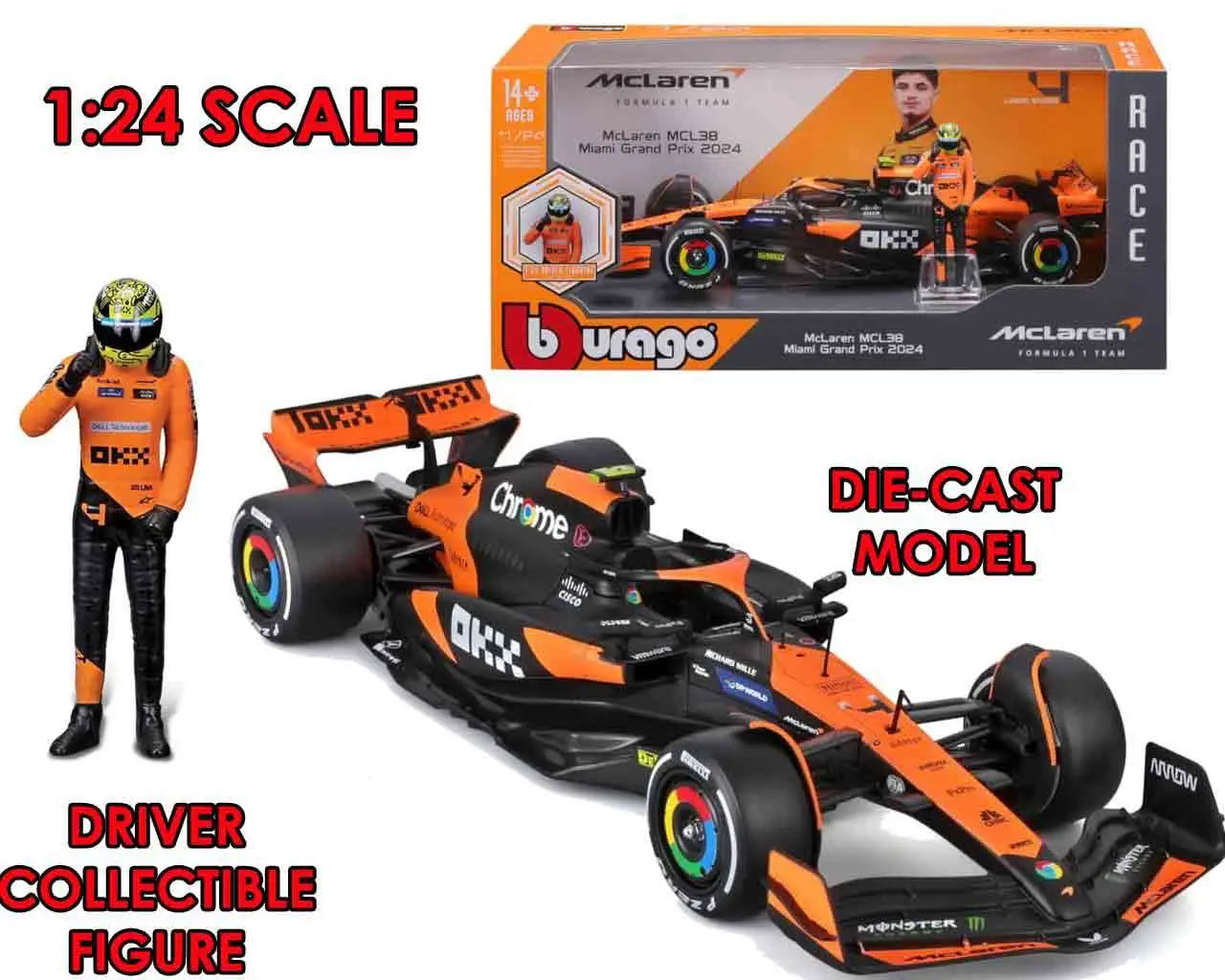 F1 MC LAREN MCL38 WITH NORRIS FIGURE - 1:24 DIE-CAST MODEL
