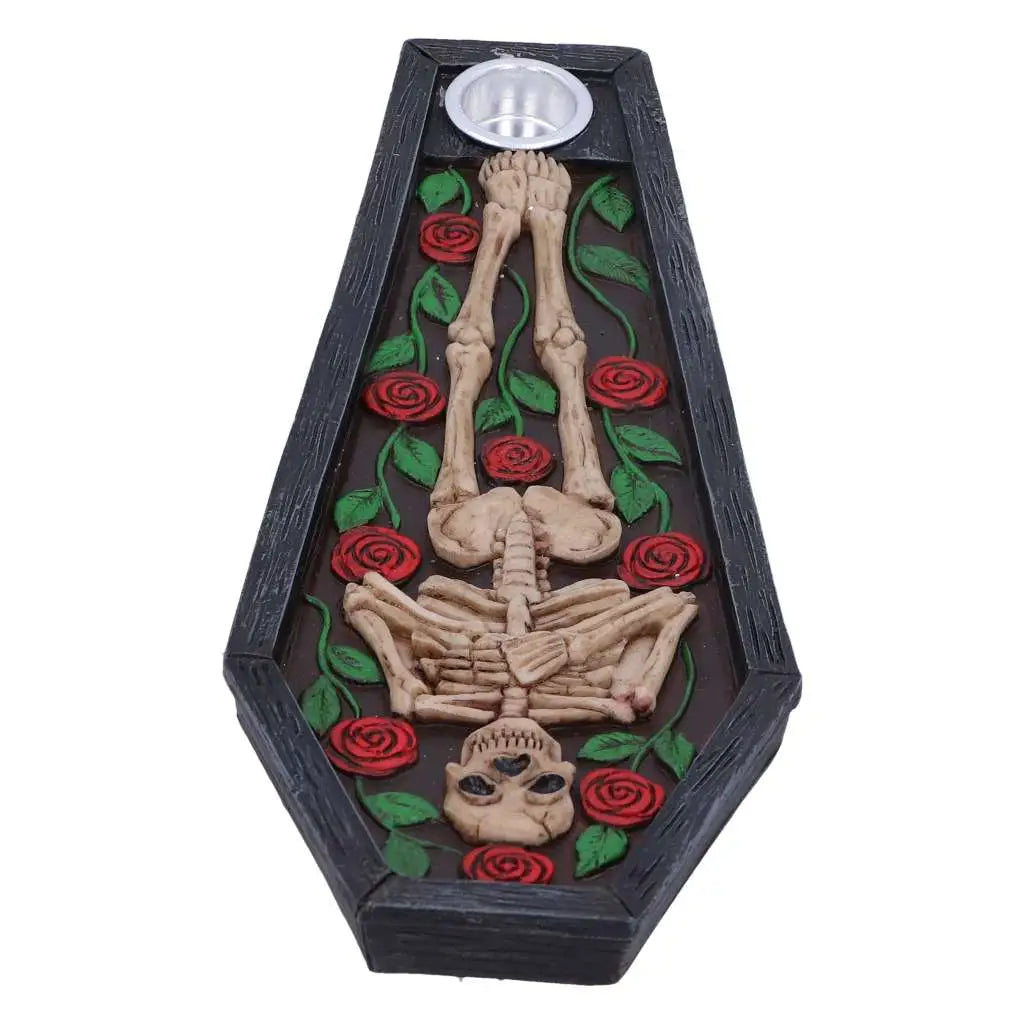 SKELETON REST IN ROSES COFFIN INCENSE BURNER