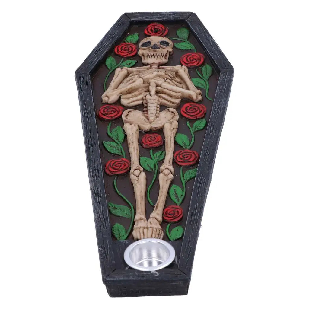 SKELETON REST IN ROSES COFFIN INCENSE BURNER