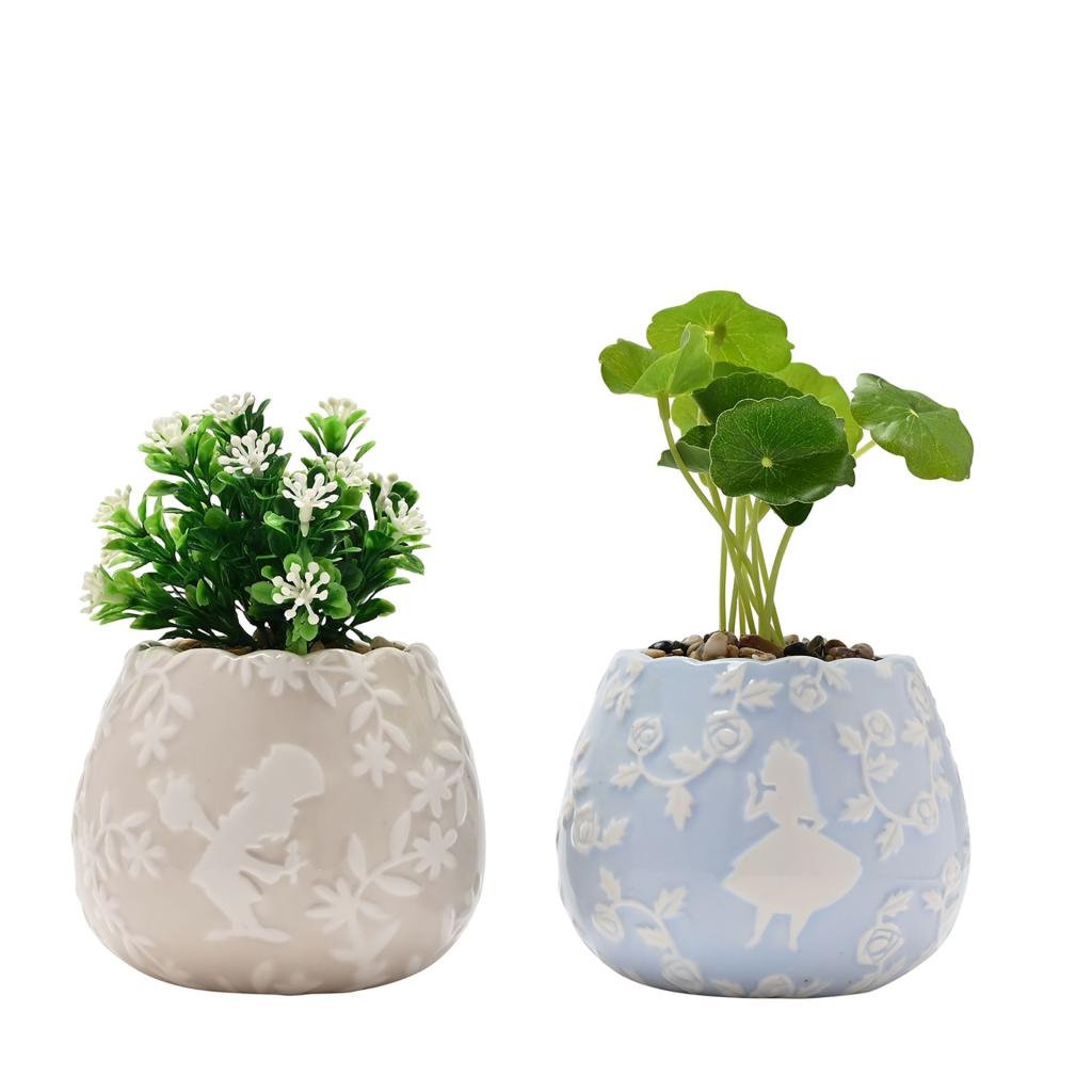 ALICE IN WONDERLAND - Duo - 2 Mini Planters with Faux Plants