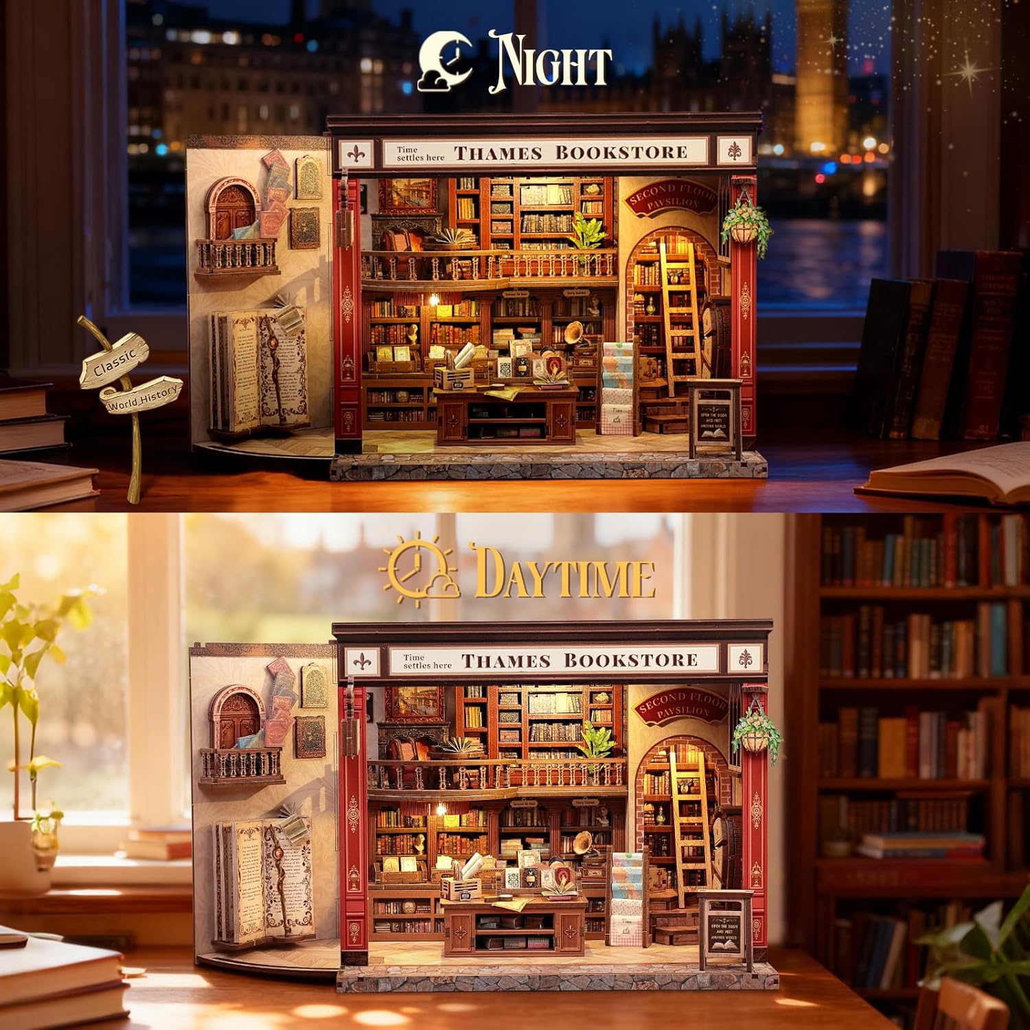 MINIATURE HOUSE - DIY- Thames Bookstore - 343pc + LED Light