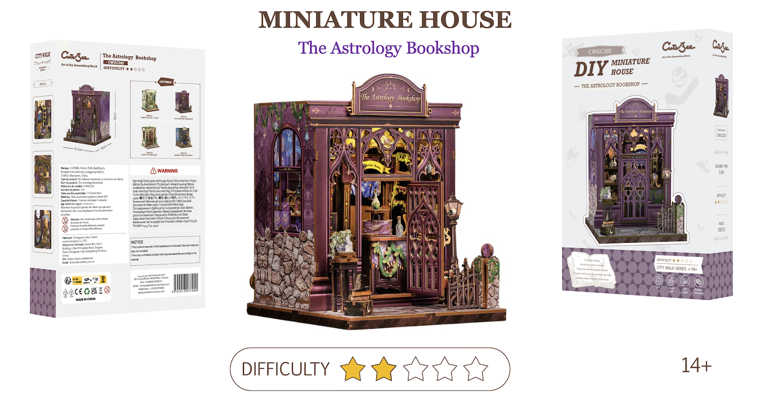 MINIATURE HOUSE - DIY - Astrology Bookshop - 155pc + LED Light