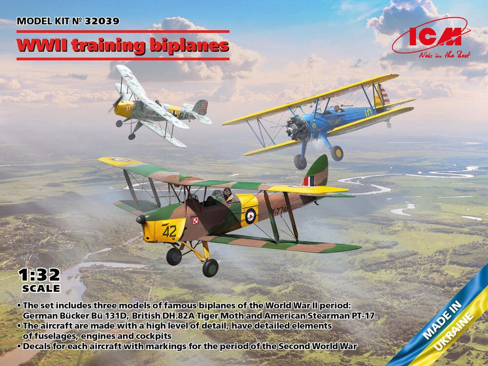 WWII training biplanes (B��cker B�� 131D, DH.82A Tiger Moth, Stearman PT-17)