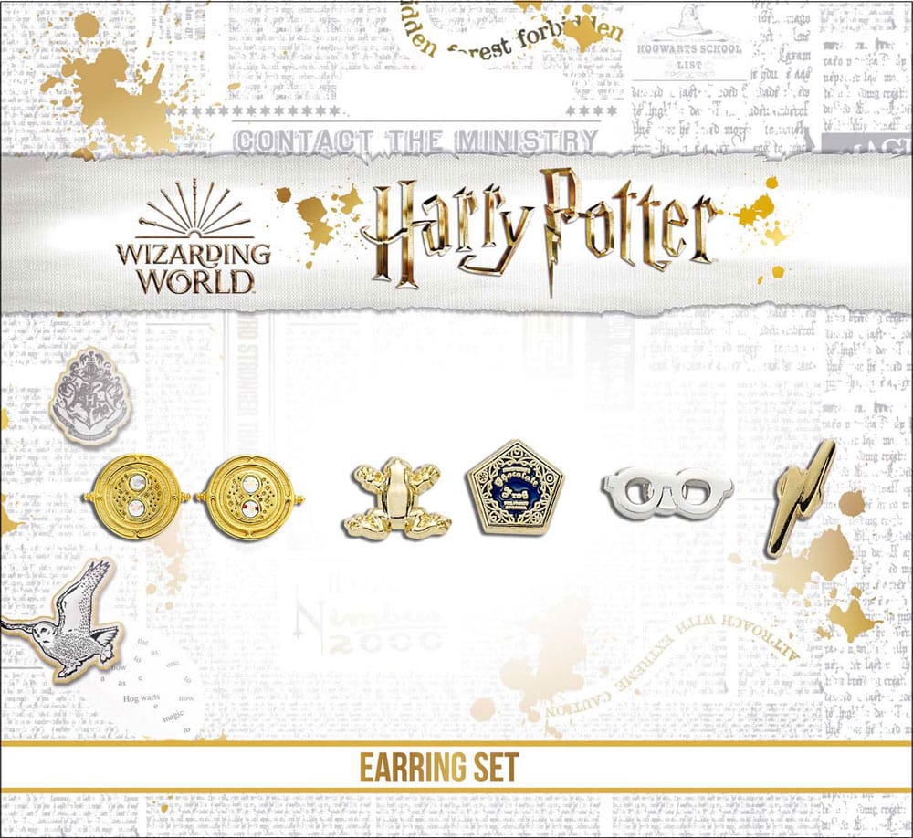 Harry Potter Earrings 3-Pack Time Turner/Chocolate Frog/Glasses & Lightning Bolt (Silver plated)